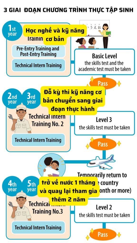 3 giai đoạn thực tập sinh nhật bản