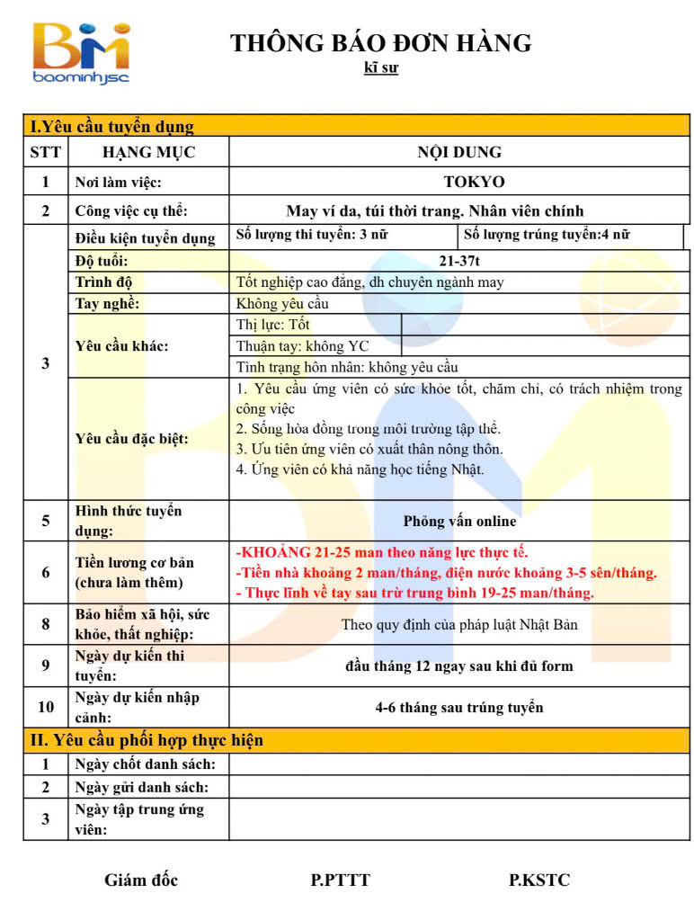 Thông báo tuyển dụng đơn hàng kỹ sư may mặc đi Nhật